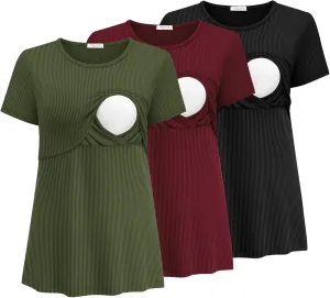 Ekouaer Womens Nursing Tops 3 Pack Short Sleeve Ribbed Breastfeeding Shirts Double Layer Maternity Shirt Pregnancy Clothes