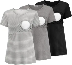 Ekouaer Womens Nursing Tops 3 Pack Short Sleeve Ribbed Breastfeeding Shirts Double Layer Maternity Shirt Pregnancy Clothes
