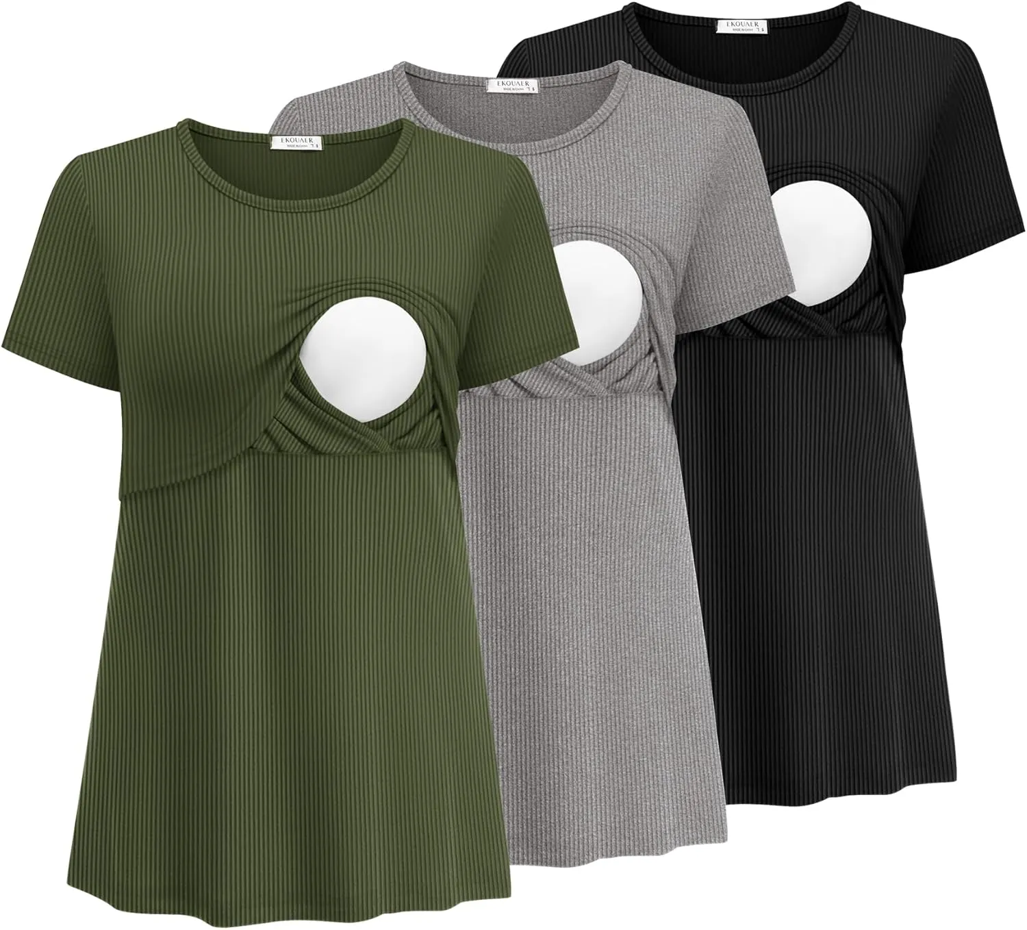 Ekouaer Womens Nursing Tops 3 Pack Short Sleeve Ribbed Breastfeeding Shirts Double Layer Maternity Shirt Pregnancy Clothes