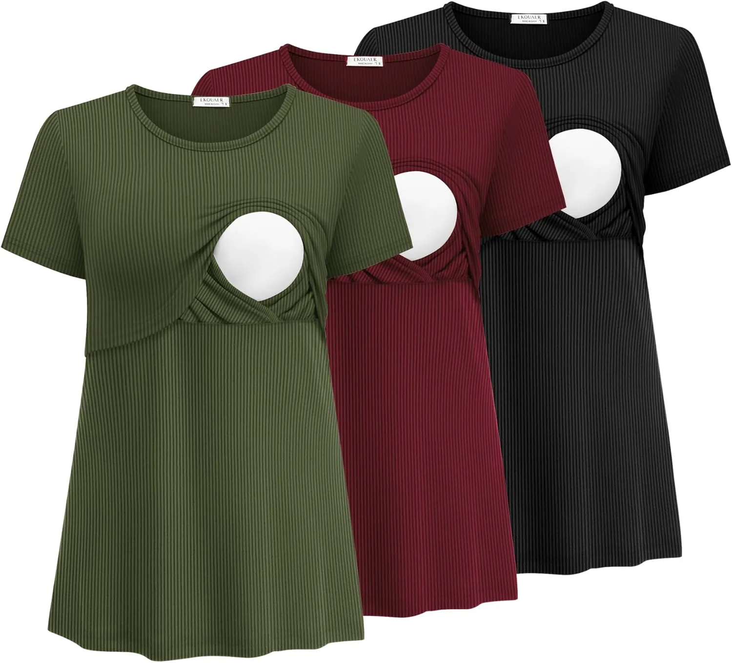 Ekouaer Womens Nursing Tops 3 Pack Short Sleeve Ribbed Breastfeeding Shirts Double Layer Maternity Shirt Pregnancy Clothes