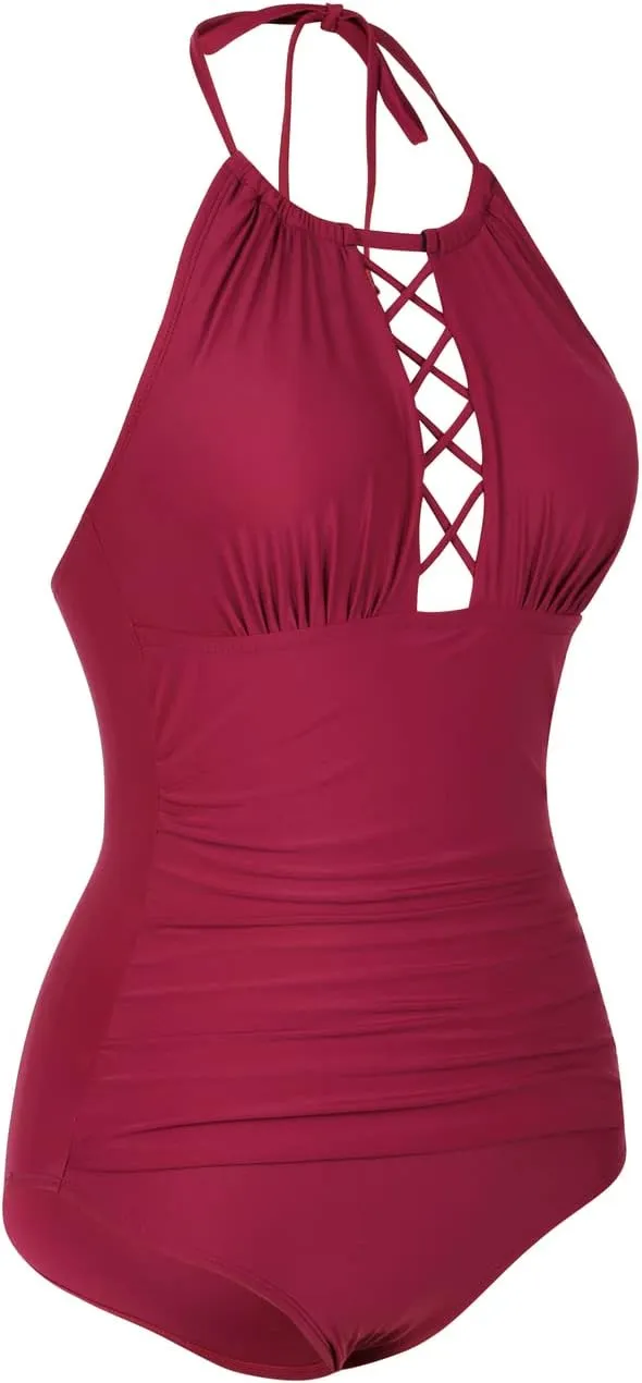 Firpearl Women's One Piece Swimsuits High Neck Cutout Ruched Tummy Control Swimwear