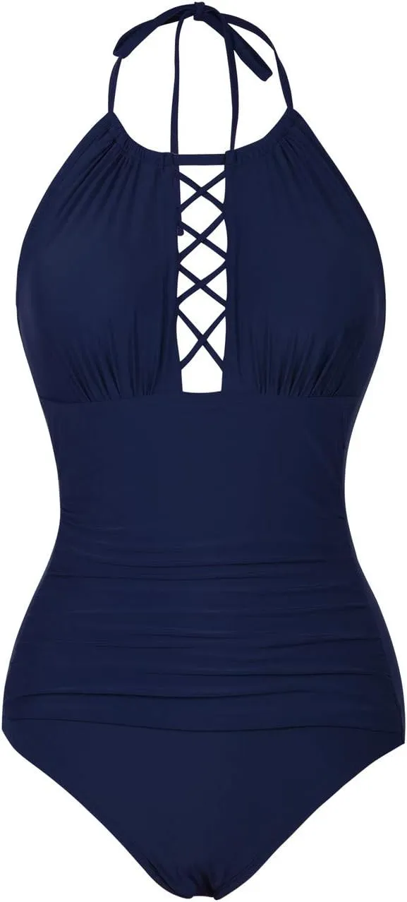 Firpearl Women's One Piece Swimsuits High Neck Cutout Ruched Tummy Control Swimwear