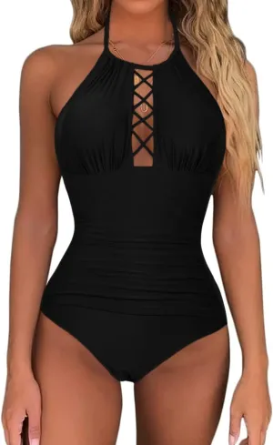 Firpearl Women's One Piece Swimsuits High Neck Cutout Ruched Tummy Control Swimwear