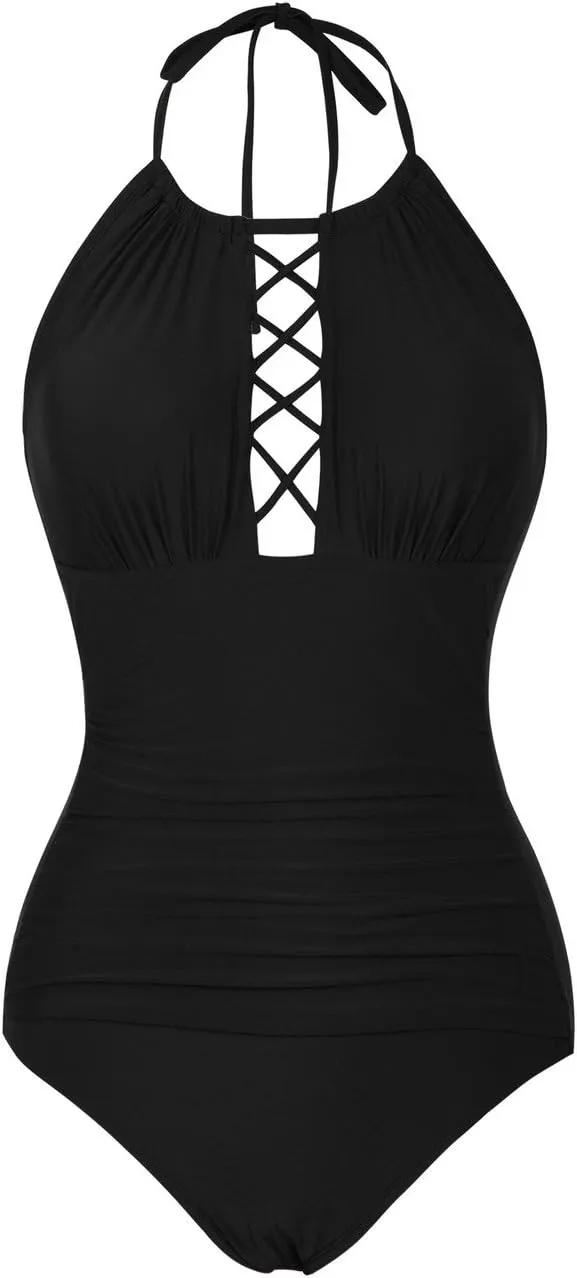 Firpearl Women's One Piece Swimsuits High Neck Cutout Ruched Tummy Control Swimwear