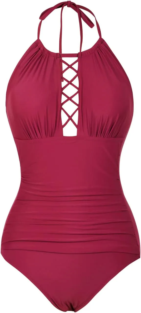 Firpearl Women's One Piece Swimsuits High Neck Cutout Ruched Tummy Control Swimwear