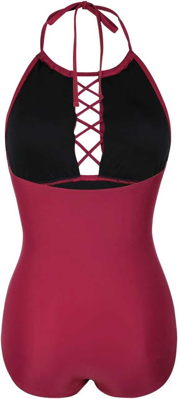 Firpearl Women's One Piece Swimsuits High Neck Cutout Ruched Tummy Control Swimwear