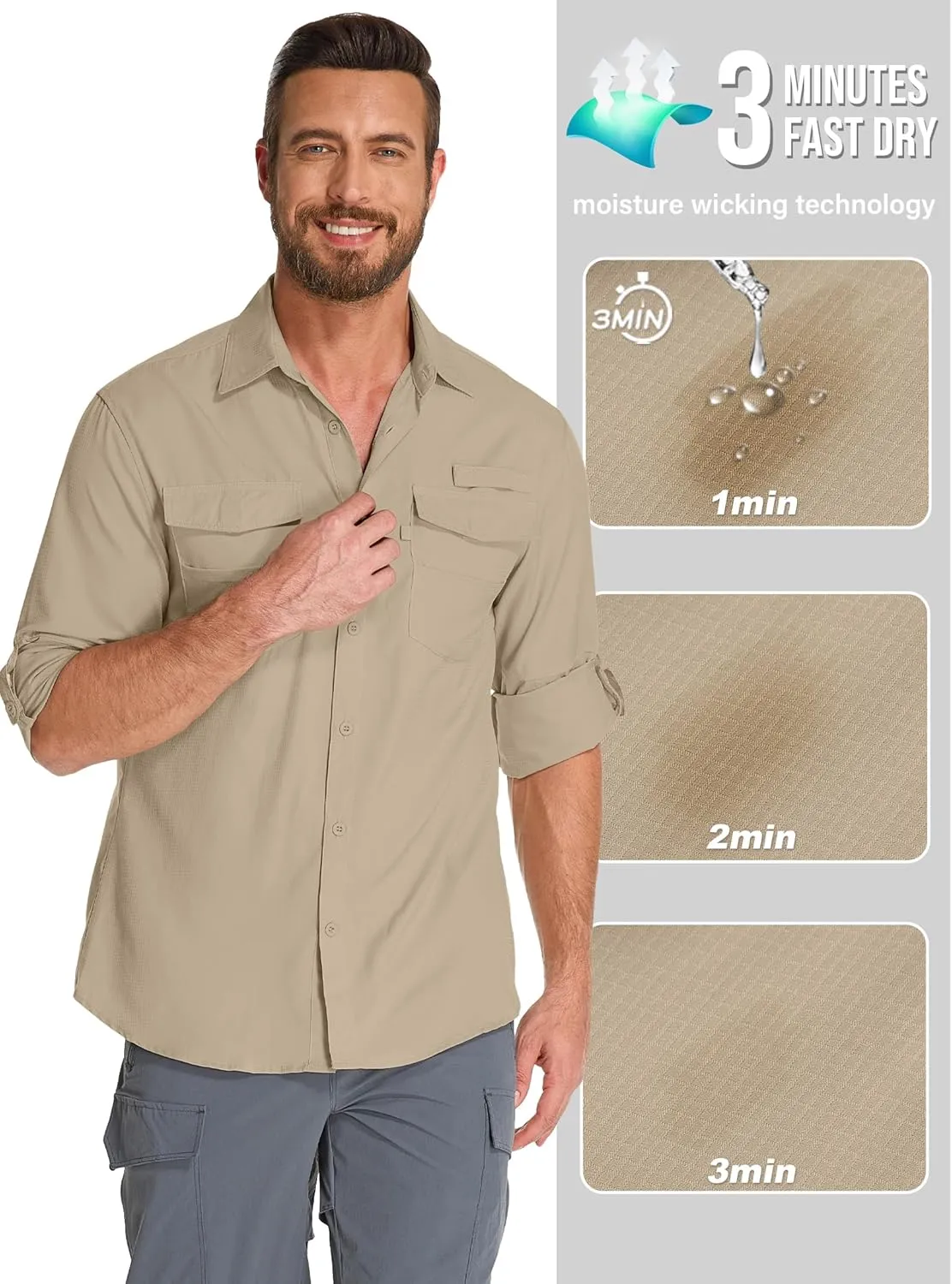 Fishing Shirts for Men, Sun Protection Long Sleeve Hiking Outdoor UV Shirt Quick Dry UPF 50  for Travel Safari Camping