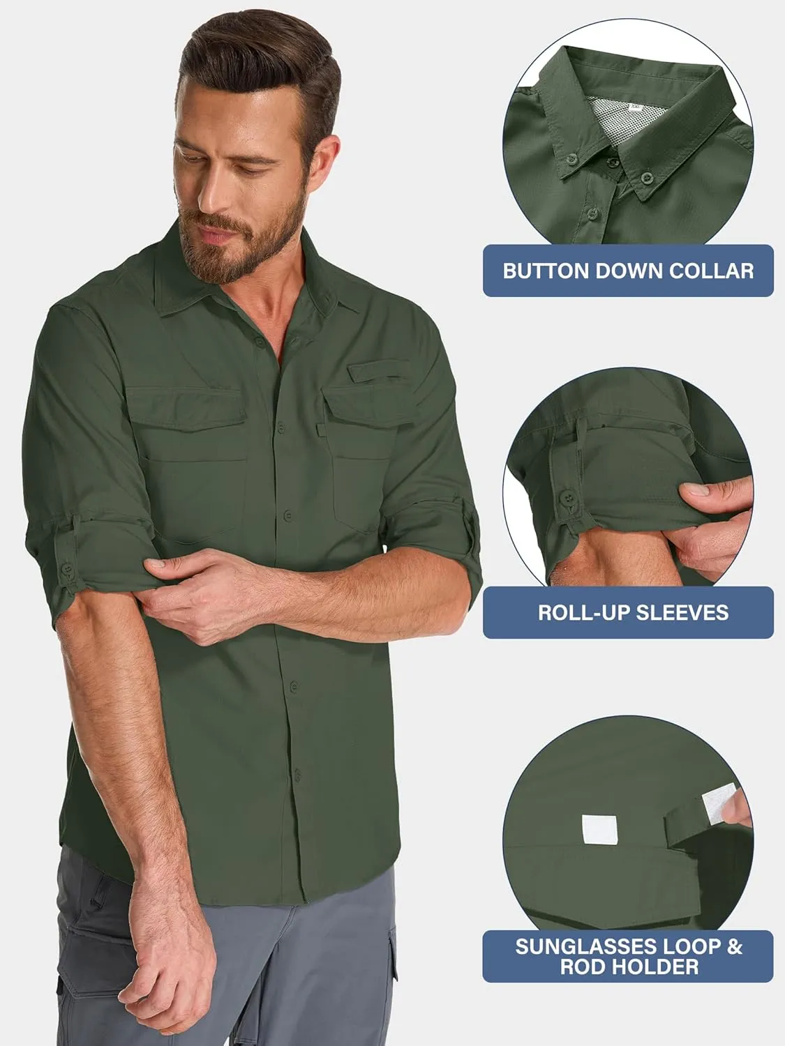 Fishing Shirts for Men, Sun Protection Long Sleeve Hiking Outdoor UV Shirt Quick Dry UPF 50  for Travel Safari Camping