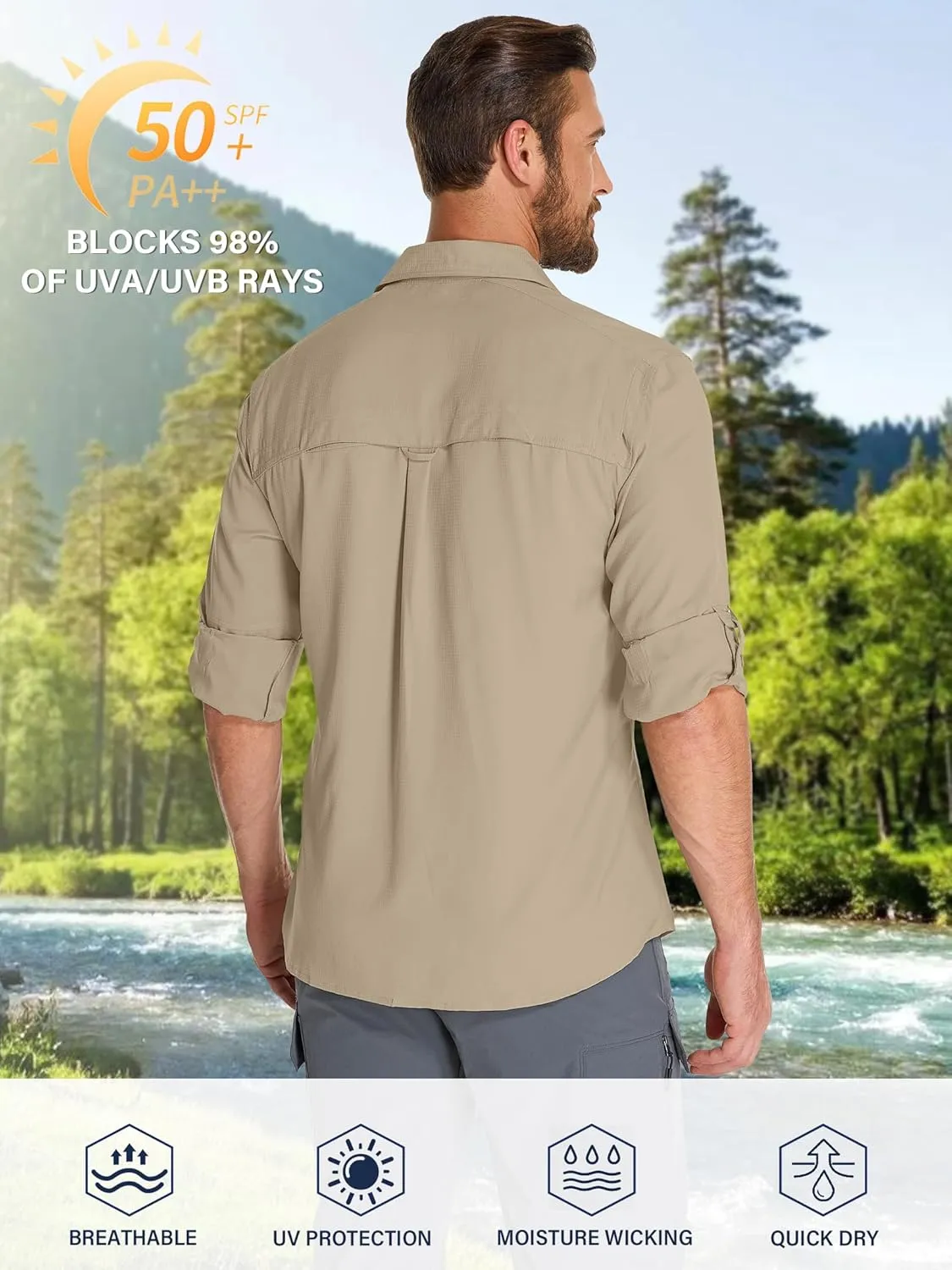 Fishing Shirts for Men, Sun Protection Long Sleeve Hiking Outdoor UV Shirt Quick Dry UPF 50  for Travel Safari Camping