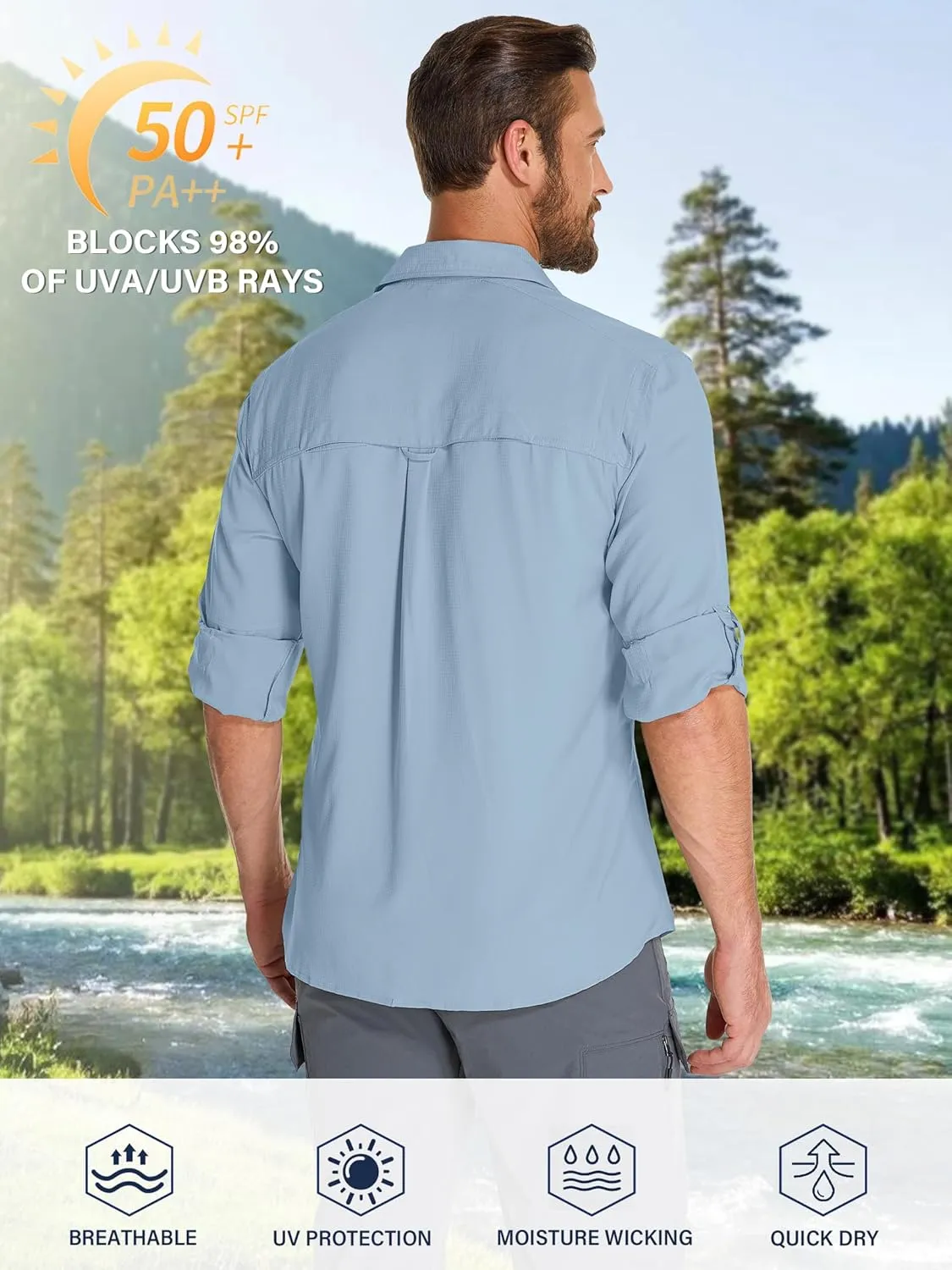 Fishing Shirts for Men, Sun Protection Long Sleeve Hiking Outdoor UV Shirt Quick Dry UPF 50  for Travel Safari Camping