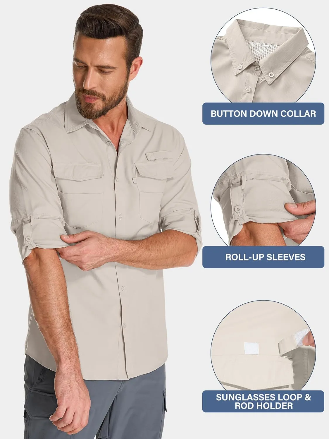 Fishing Shirts for Men, Sun Protection Long Sleeve Hiking Outdoor UV Shirt Quick Dry UPF 50  for Travel Safari Camping