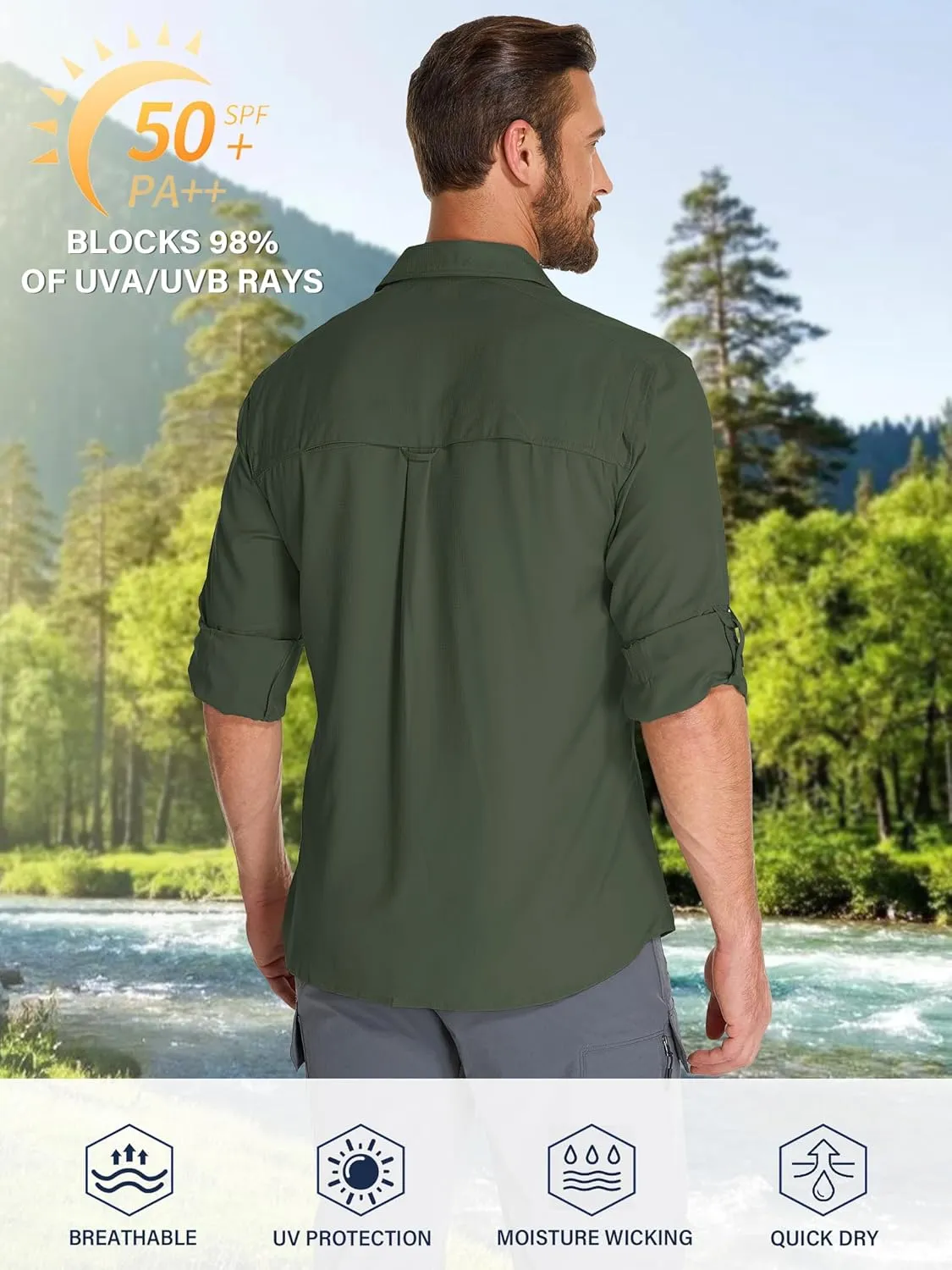 Fishing Shirts for Men, Sun Protection Long Sleeve Hiking Outdoor UV Shirt Quick Dry UPF 50  for Travel Safari Camping