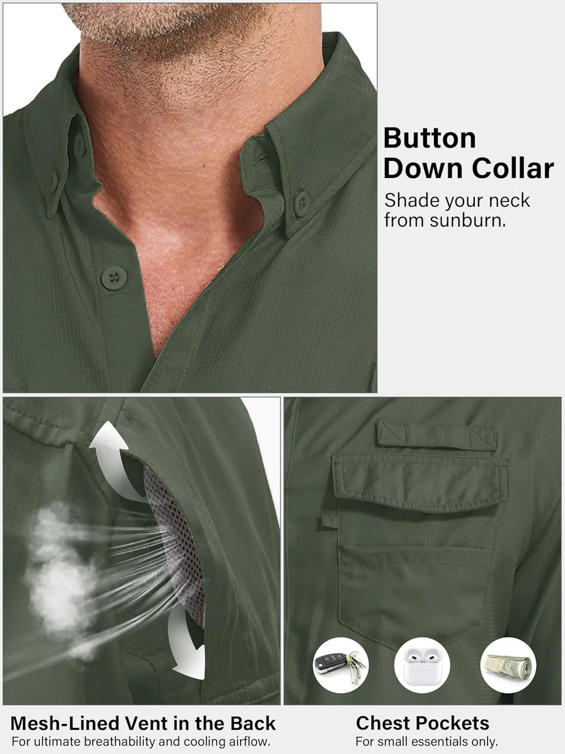 Fishing Shirts for Men, Sun Protection Long Sleeve Hiking Outdoor UV Shirt Quick Dry UPF 50  for Travel Safari Camping