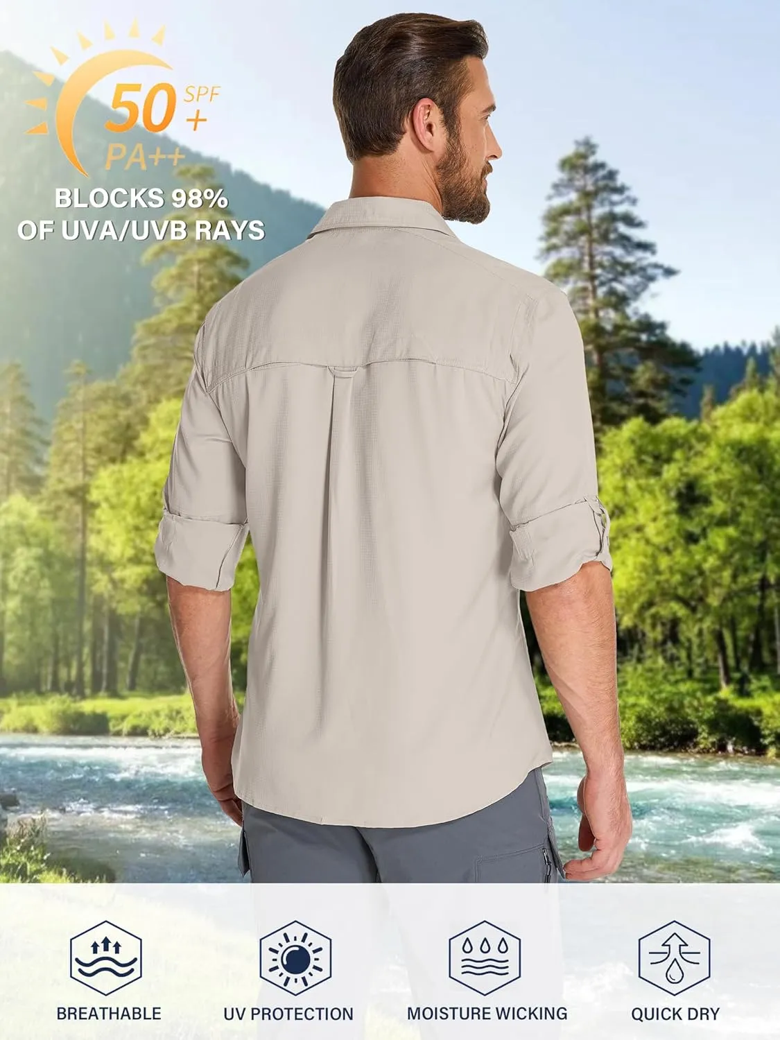 Fishing Shirts for Men, Sun Protection Long Sleeve Hiking Outdoor UV Shirt Quick Dry UPF 50  for Travel Safari Camping