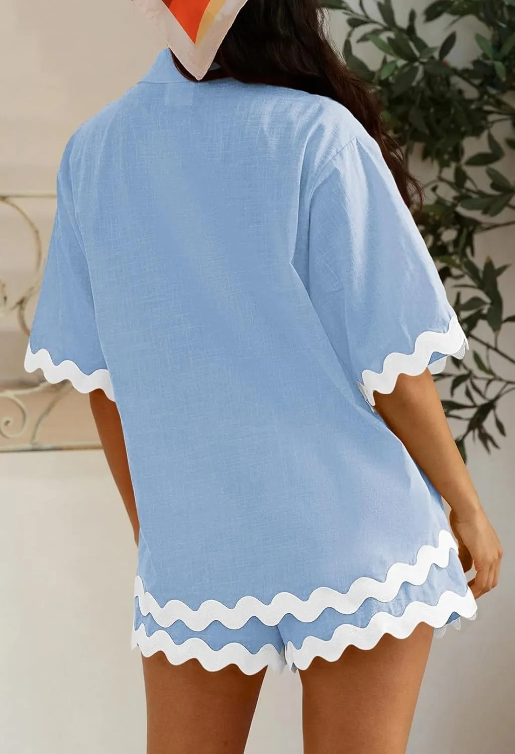 Fixmatti Women Two Piece Summer Sets Short Sleeve Button Down Shirts Short Sets