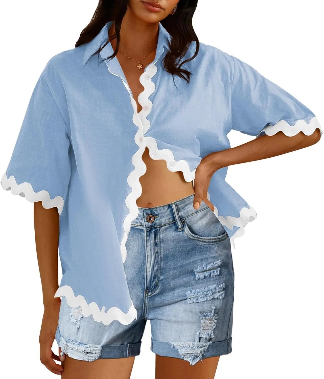 Fixmatti Women Two Piece Summer Sets Short Sleeve Button Down Shirts Short Sets