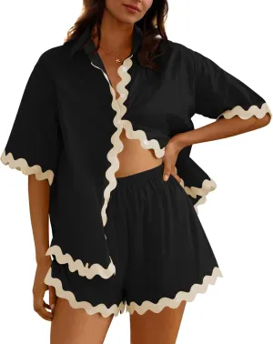 Fixmatti Women Two Piece Summer Sets Short Sleeve Button Down Shirts Short Sets