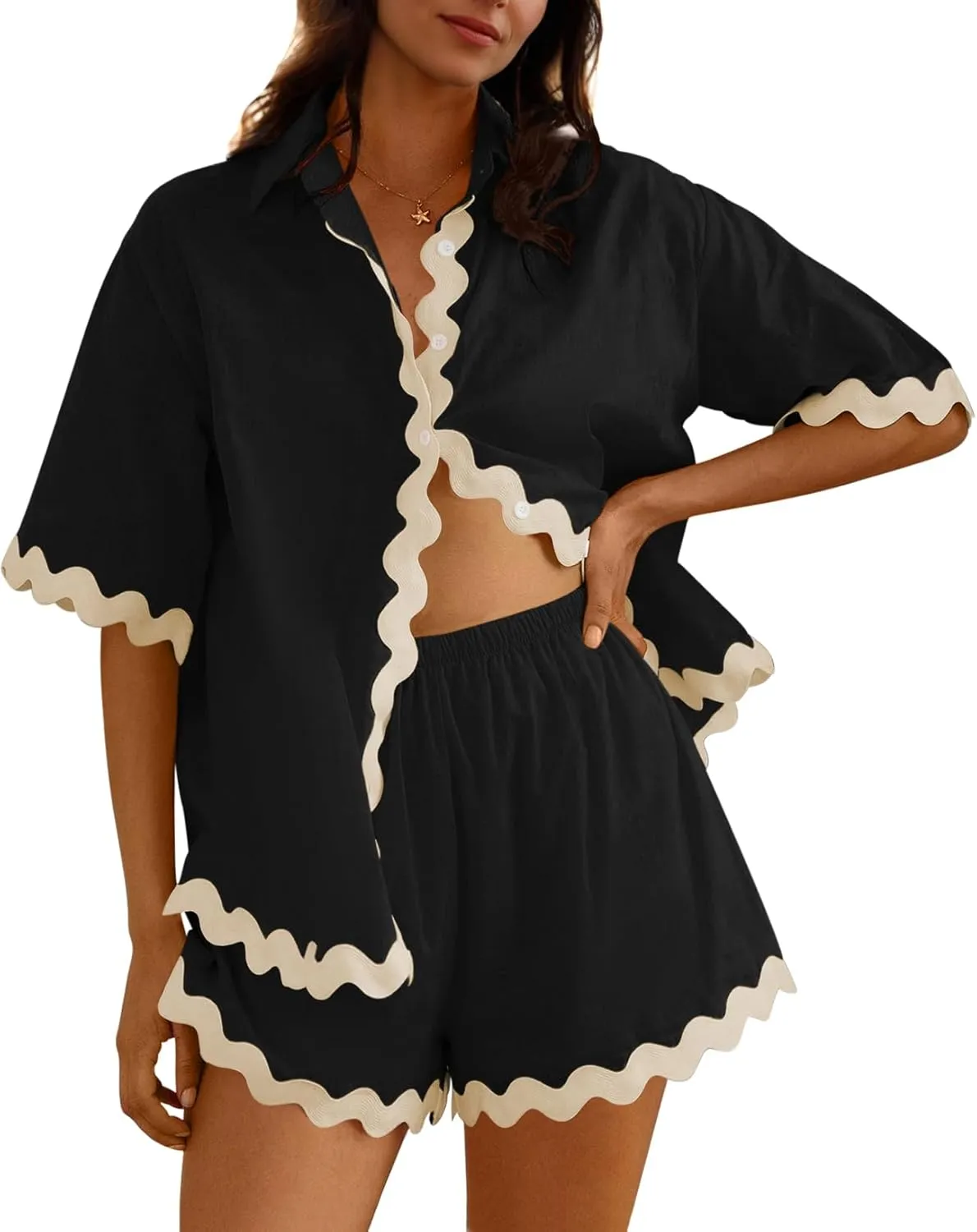 Fixmatti Women Two Piece Summer Sets Short Sleeve Button Down Shirts Short Sets