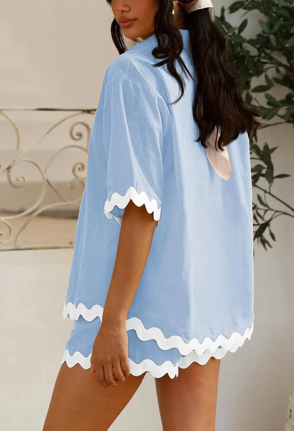 Fixmatti Women Two Piece Summer Sets Short Sleeve Button Down Shirts Short Sets