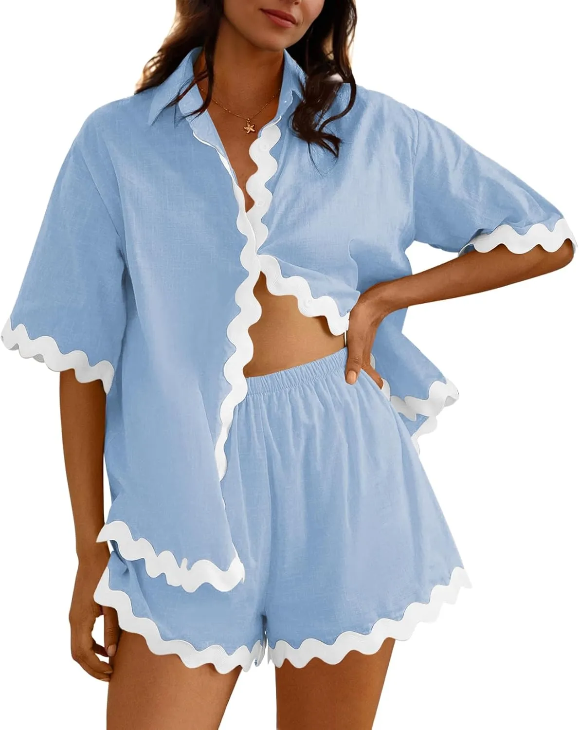 Fixmatti Women Two Piece Summer Sets Short Sleeve Button Down Shirts Short Sets