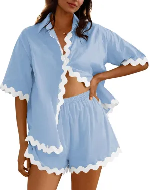 Fixmatti Women Two Piece Summer Sets Short Sleeve Button Down Shirts Short Sets