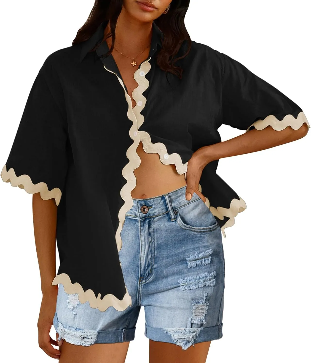 Fixmatti Women Two Piece Summer Sets Short Sleeve Button Down Shirts Short Sets
