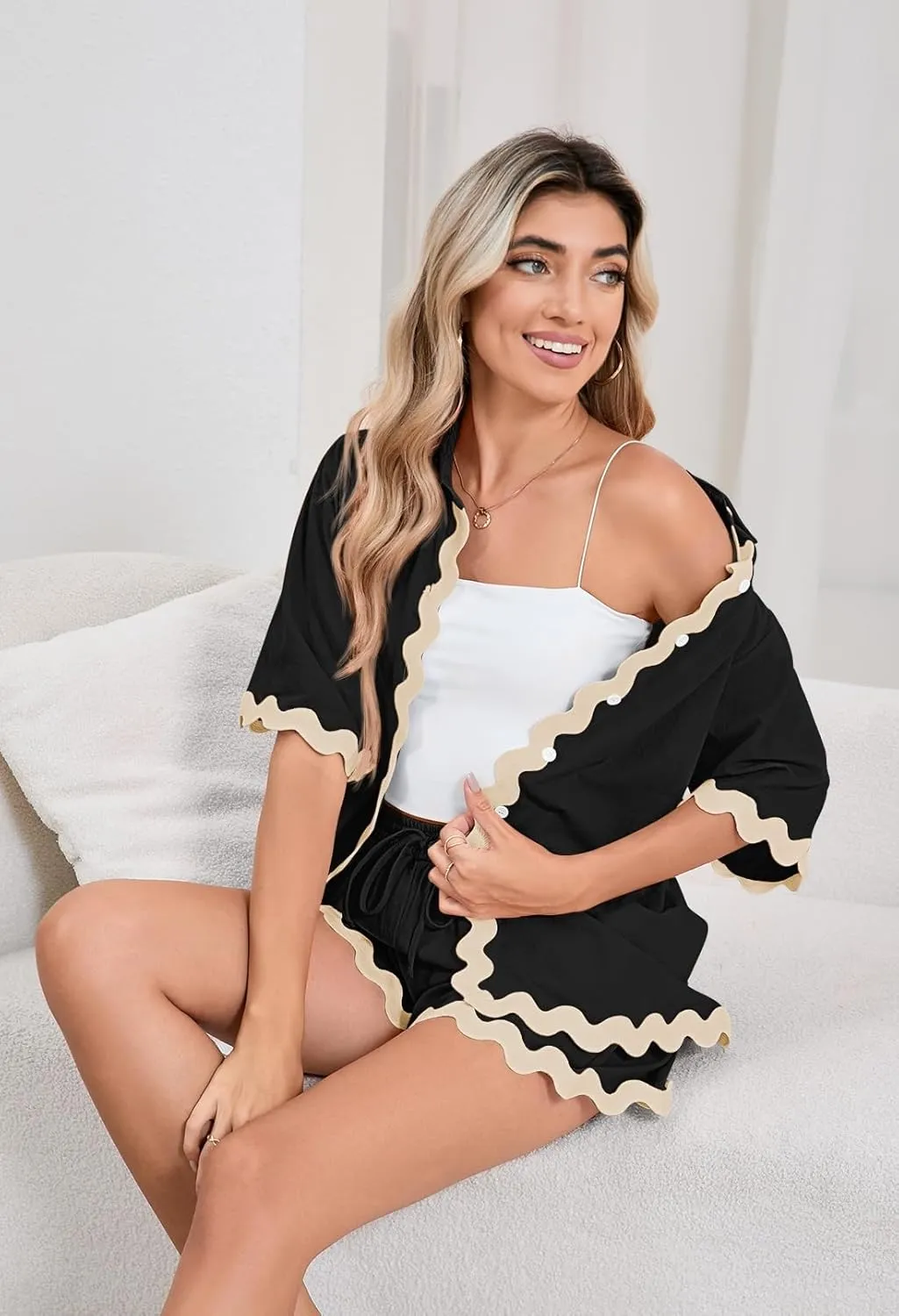 Fixmatti Women Two Piece Summer Sets Short Sleeve Button Down Shirts Short Sets