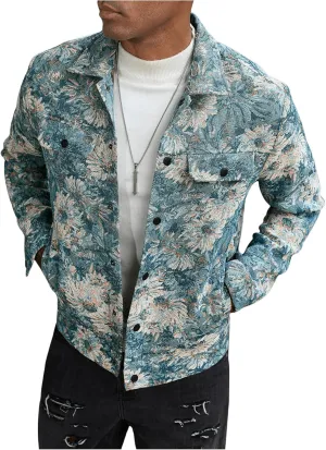 Floerns Men's Floral Jacquard Button Front Going Out Jacket Long Sleeve Shacket Shirts
