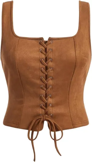 Floerns Women's Plus Size Y2k Sleeveless Tank Top Lace Up Western Vest Shirts