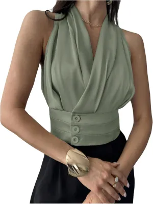 Floerns Women's Sleeveless V Neck Vest Shirts Ruched Elegant Blouse Crop Tops
