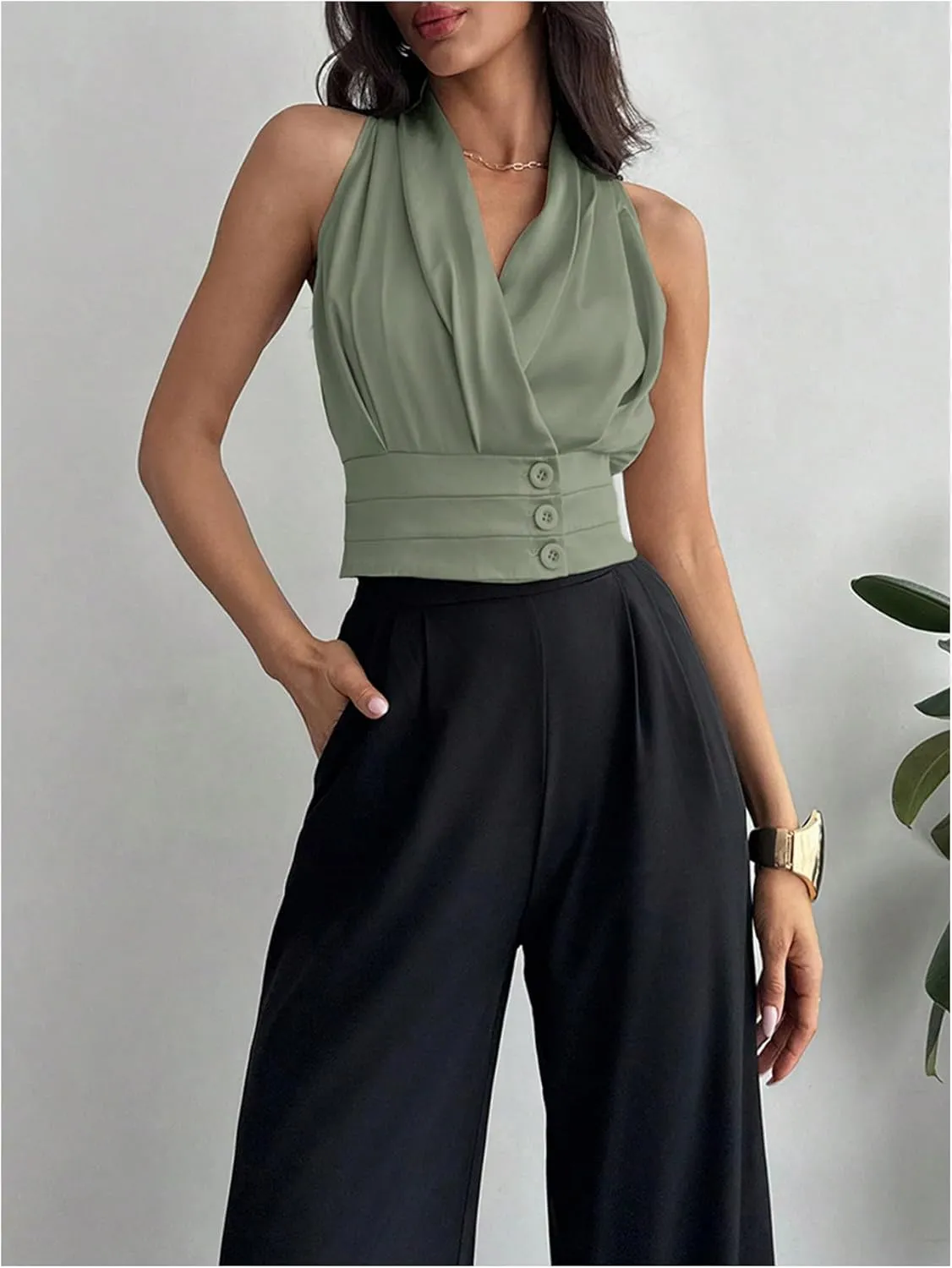 Floerns Women's Sleeveless V Neck Vest Shirts Ruched Elegant Blouse Crop Tops