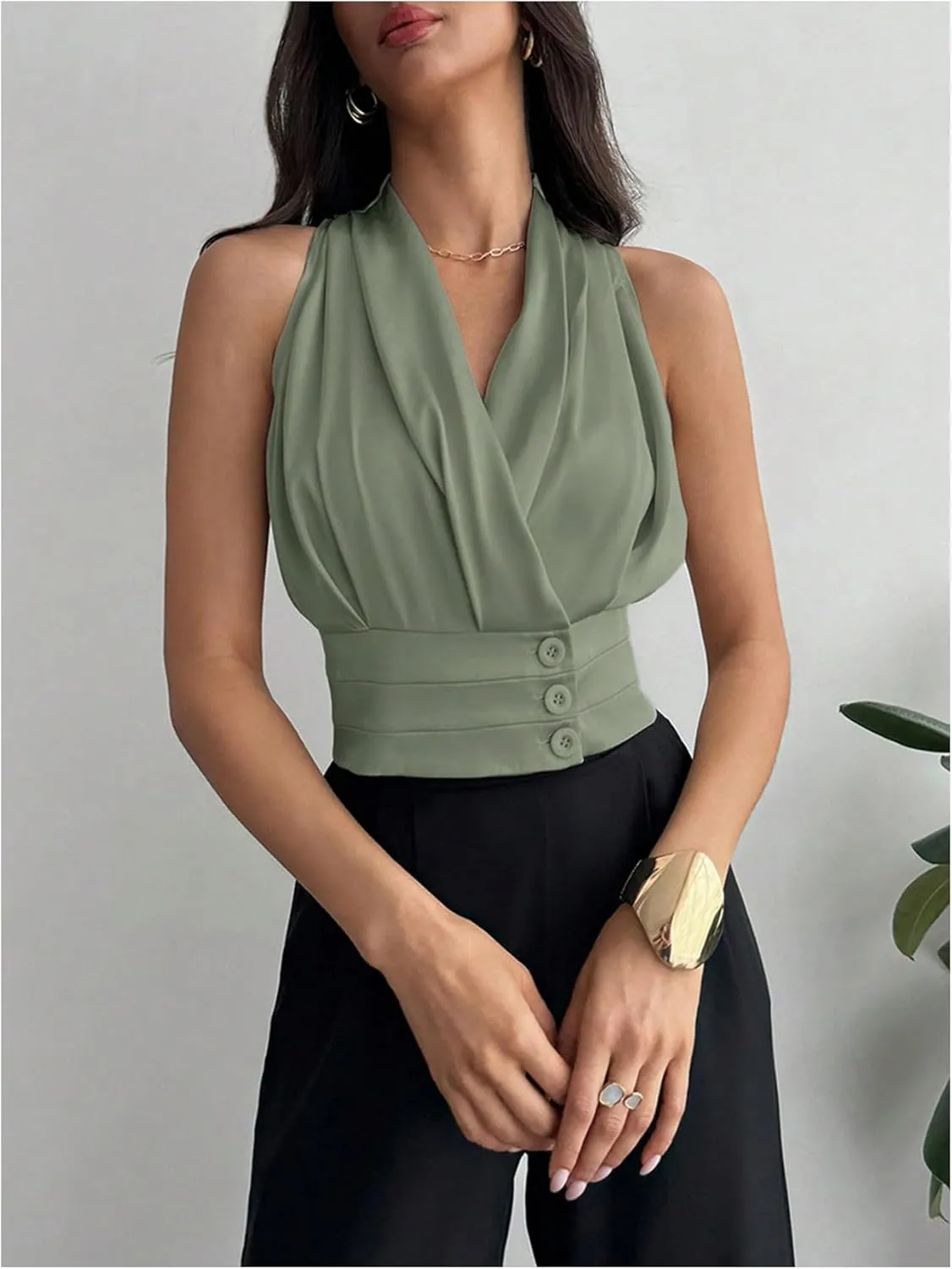 Floerns Women's Sleeveless V Neck Vest Shirts Ruched Elegant Blouse Crop Tops