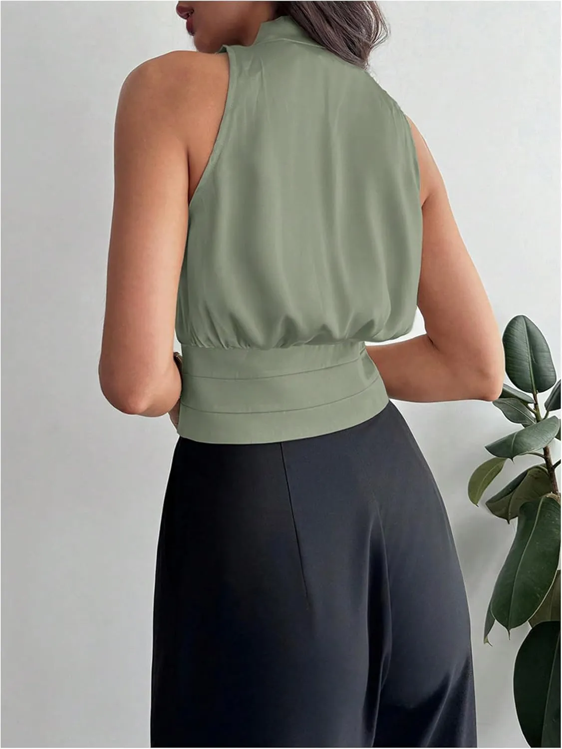 Floerns Women's Sleeveless V Neck Vest Shirts Ruched Elegant Blouse Crop Tops