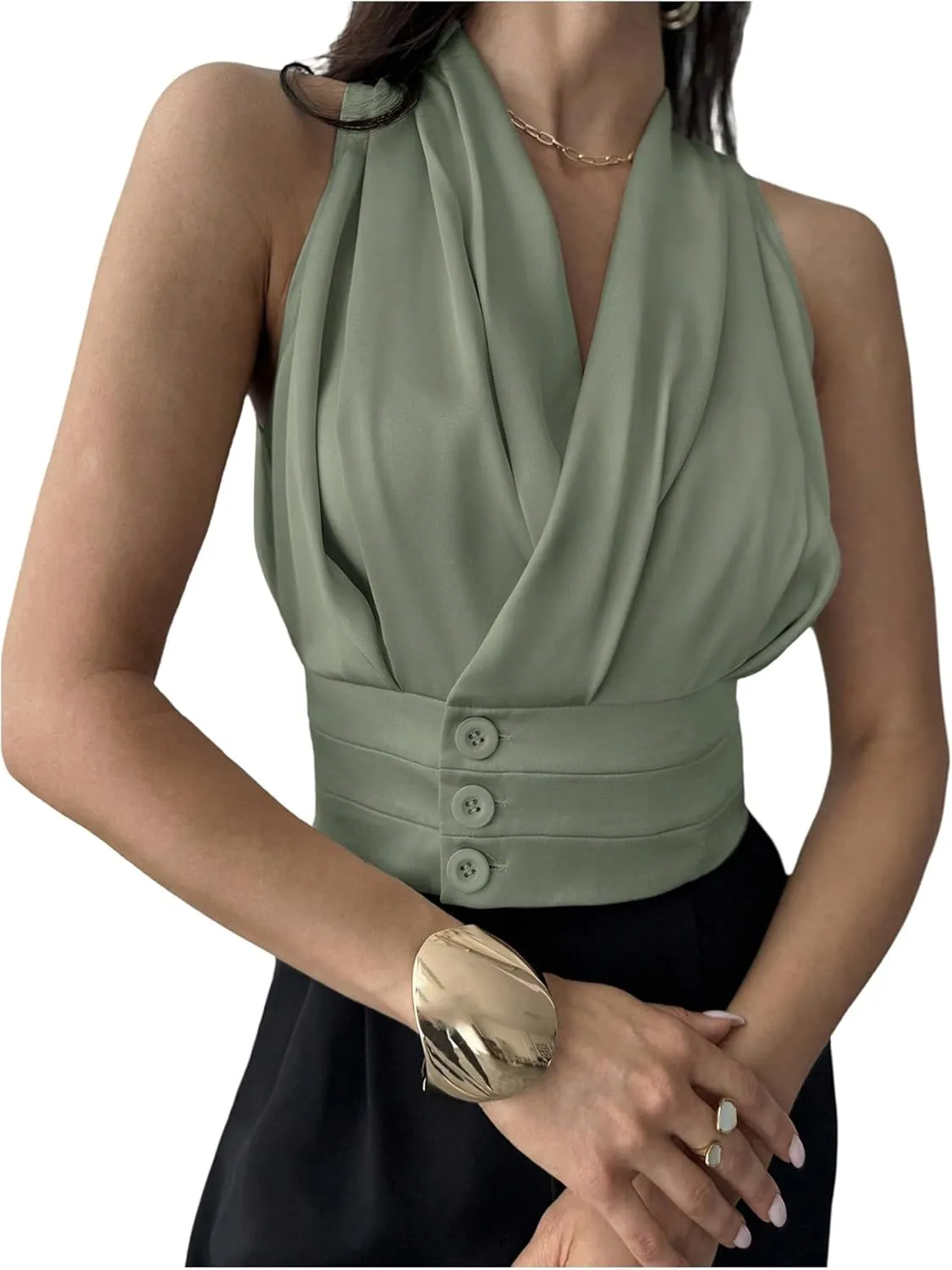 Floerns Women's Sleeveless V Neck Vest Shirts Ruched Elegant Blouse Crop Tops