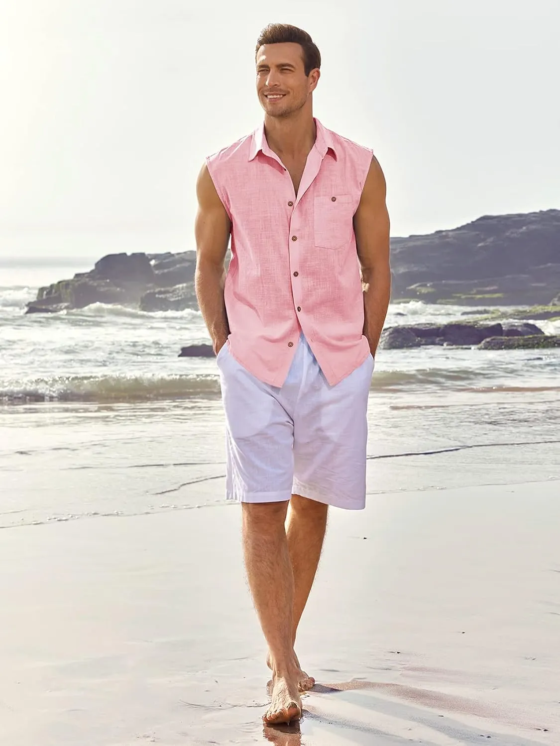 Fommykin Men's Linen Sleeveless Shirts Button Down Beach Tank Top Basic Solid Shirt Vest with Pocket