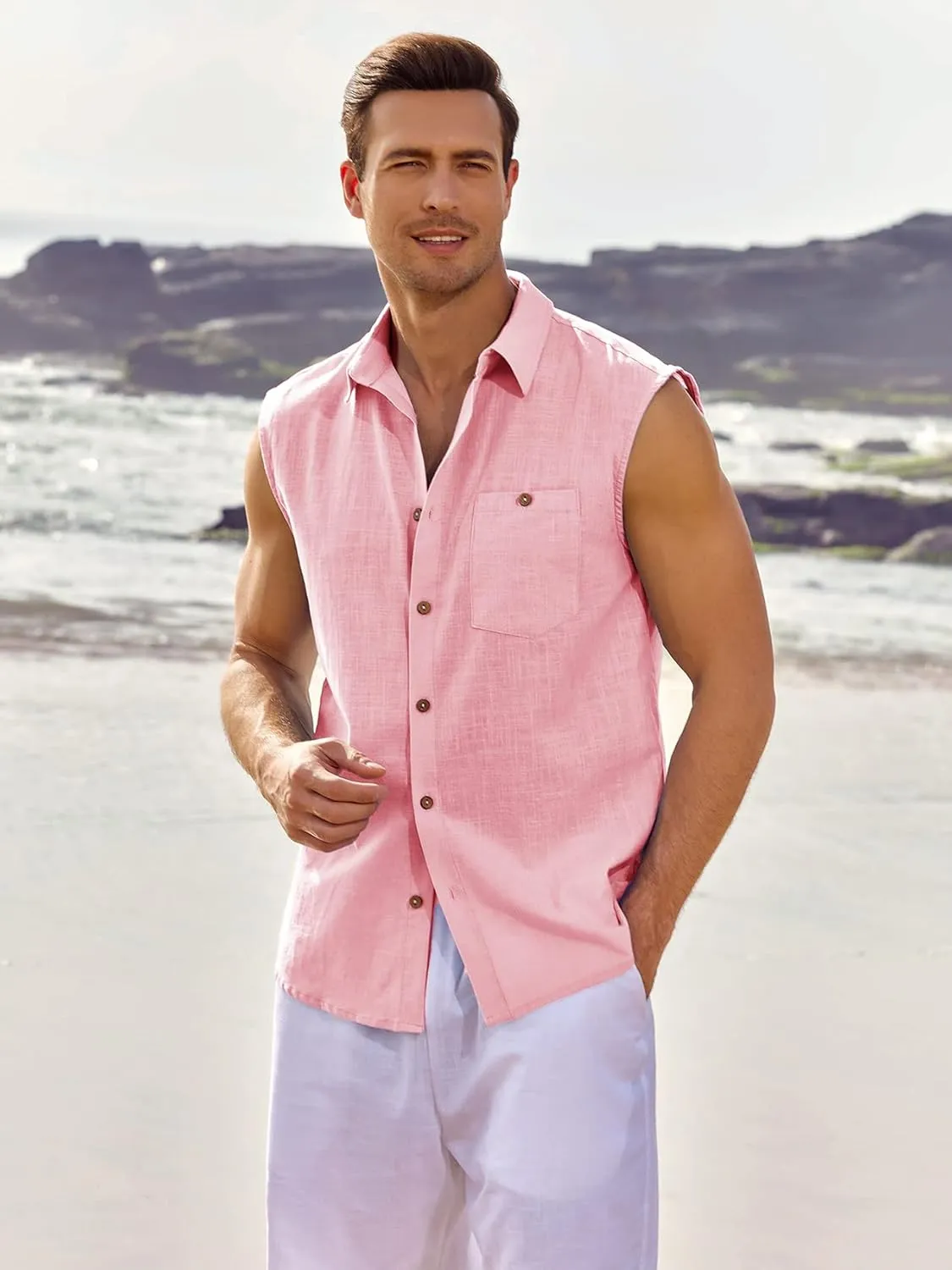 Fommykin Men's Linen Sleeveless Shirts Button Down Beach Tank Top Basic Solid Shirt Vest with Pocket