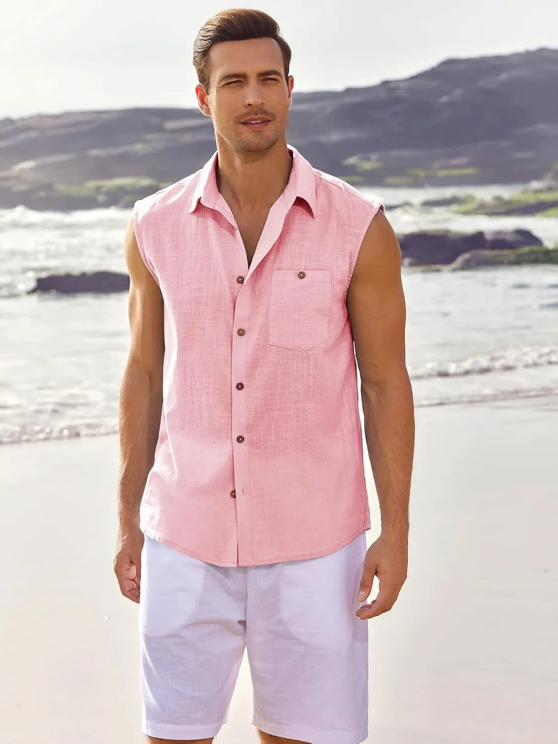 Fommykin Men's Linen Sleeveless Shirts Button Down Beach Tank Top Basic Solid Shirt Vest with Pocket