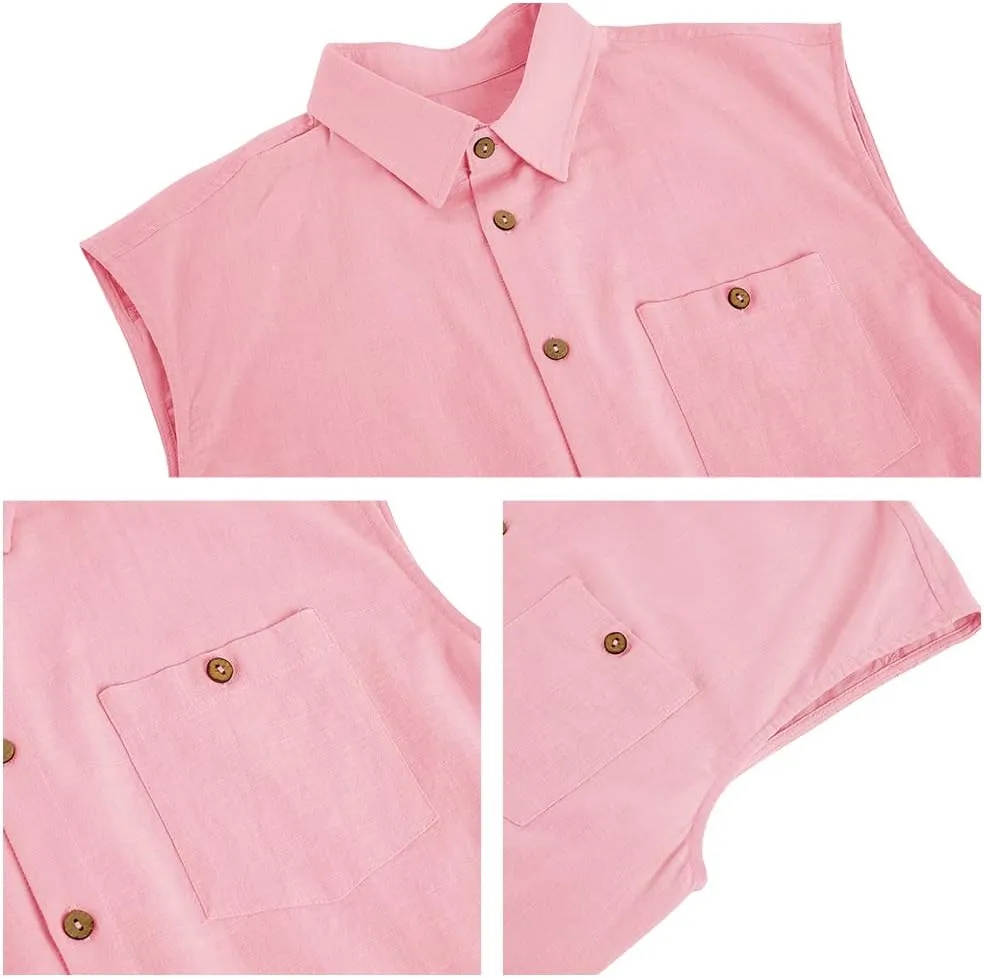 Fommykin Men's Linen Sleeveless Shirts Button Down Beach Tank Top Basic Solid Shirt Vest with Pocket