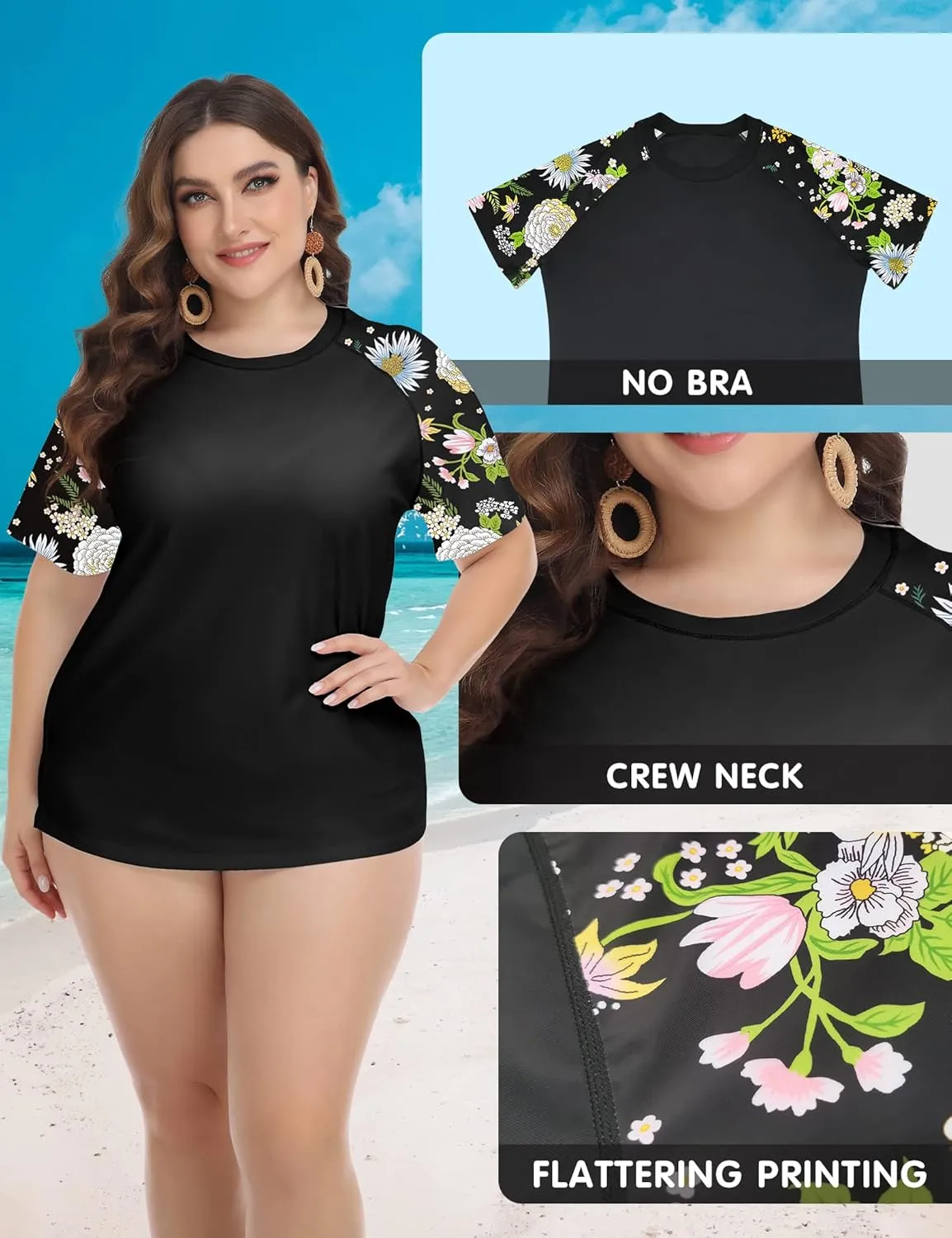 FOREYOND Plus Size Rash Guard Shirts for Women Short Sleeve UPF 50  Sun Protection Swimwear Swim Suits Top