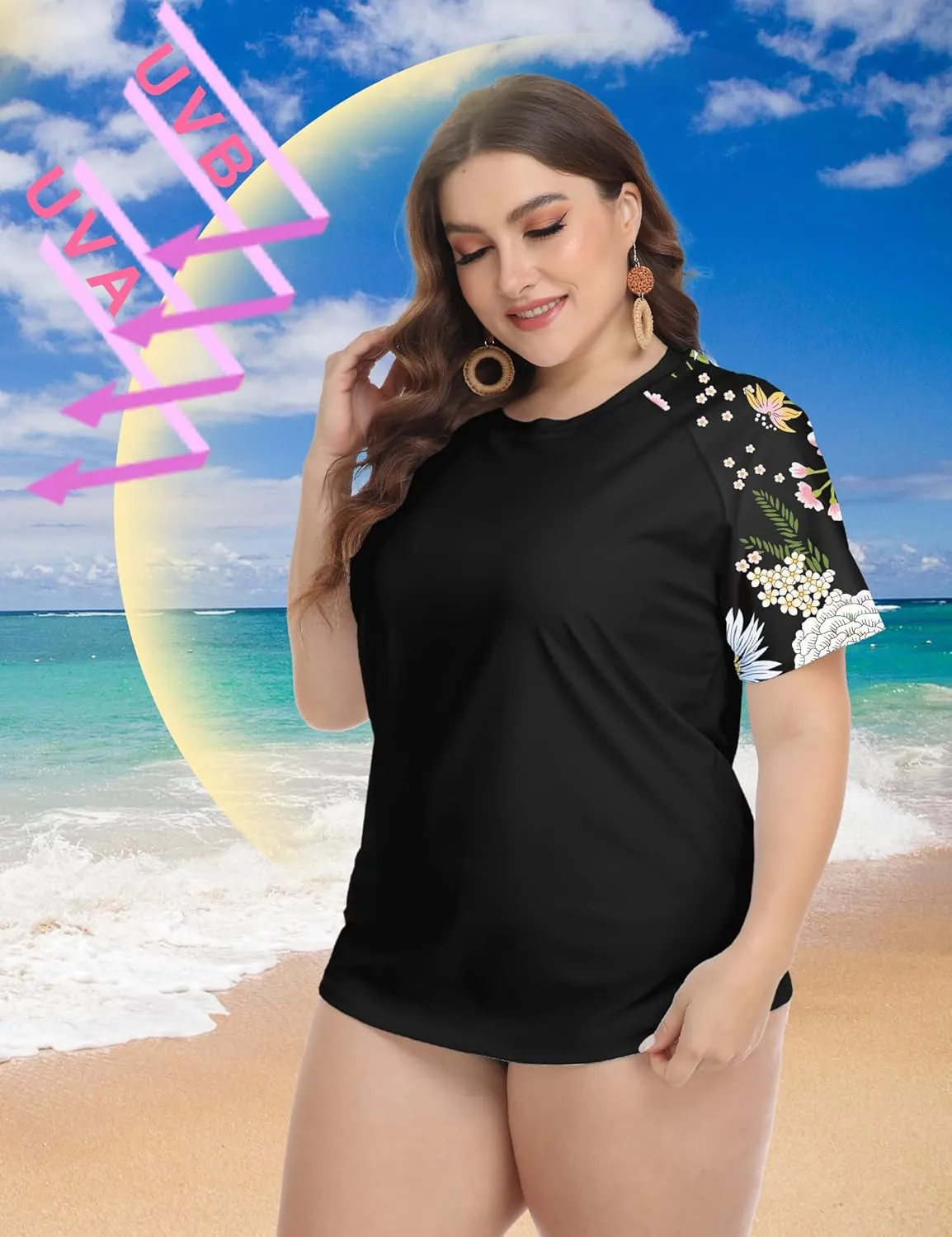 FOREYOND Plus Size Rash Guard Shirts for Women Short Sleeve UPF 50  Sun Protection Swimwear Swim Suits Top