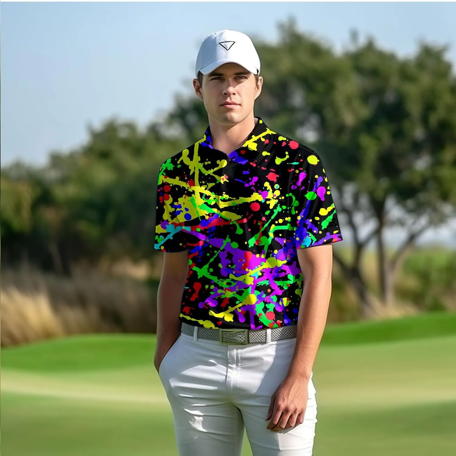 Funny Neon Splash Golf Shirts for Men Dry Fit Performance Moisture Wicking Mens Golf Gifts Collared Short Sleeve Shirt