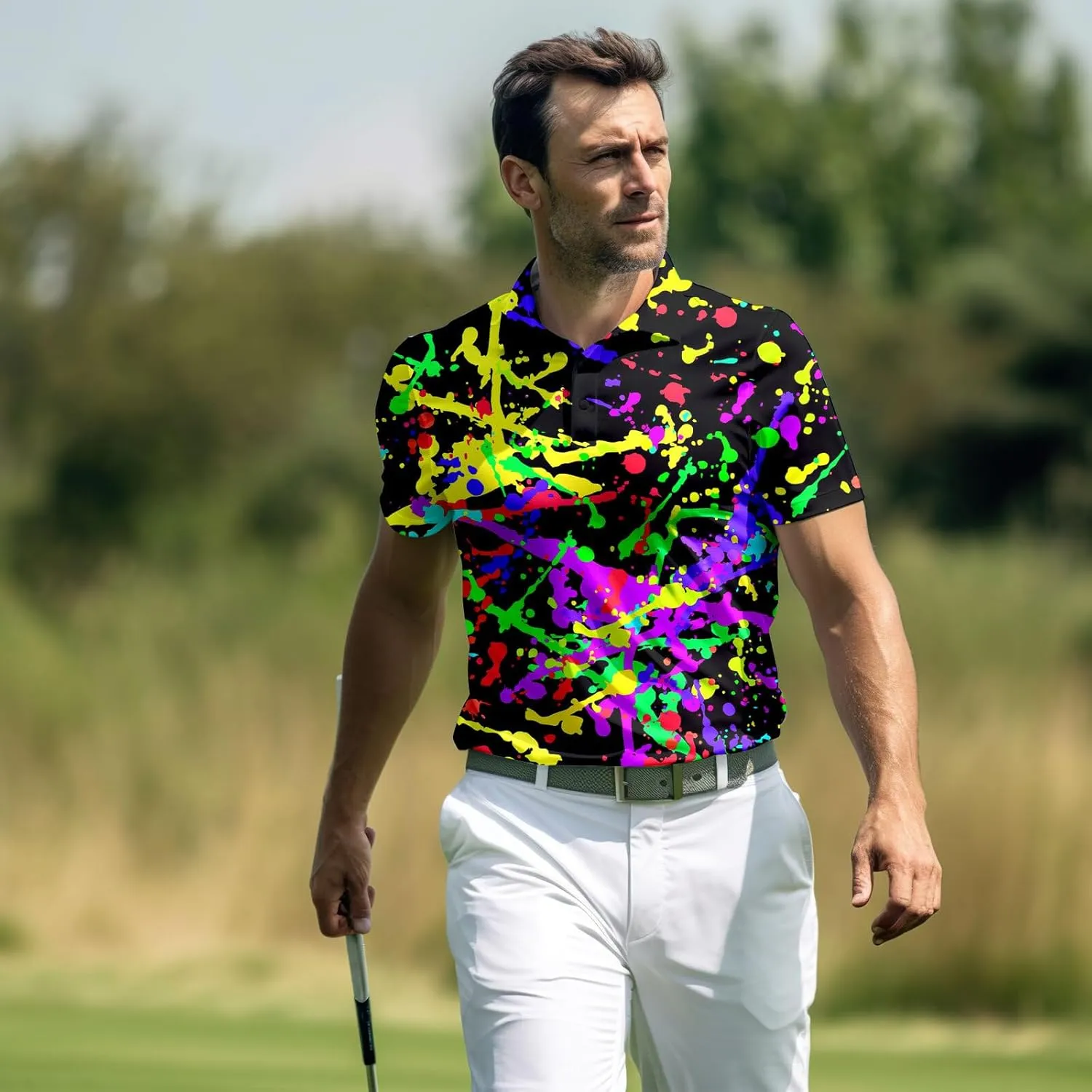 Funny Neon Splash Golf Shirts for Men Dry Fit Performance Moisture Wicking Mens Golf Gifts Collared Short Sleeve Shirt