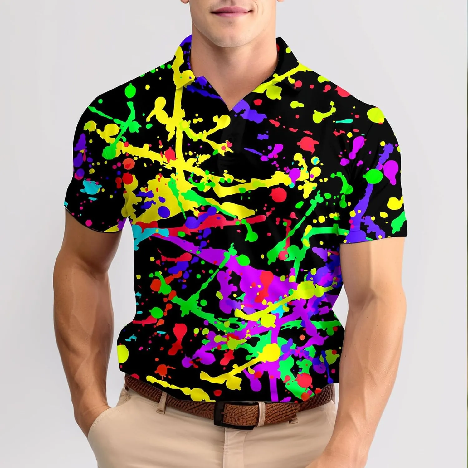 Funny Neon Splash Golf Shirts for Men Dry Fit Performance Moisture Wicking Mens Golf Gifts Collared Short Sleeve Shirt