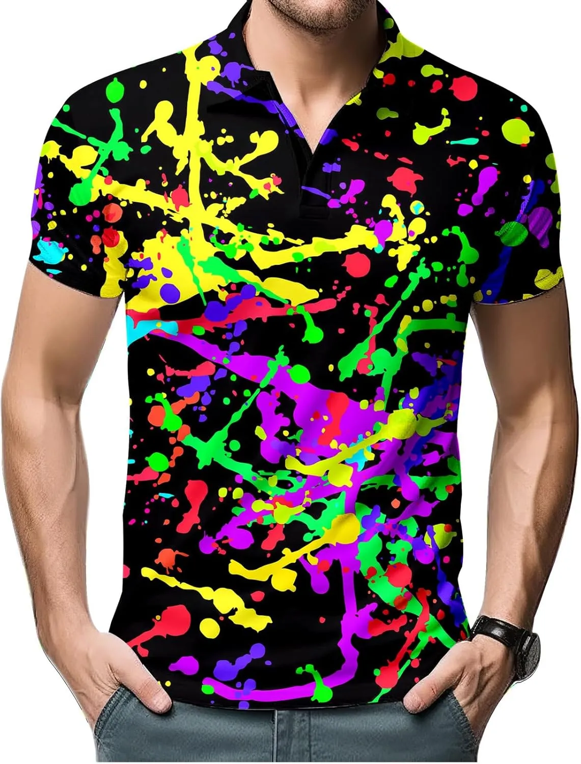 Funny Neon Splash Golf Shirts for Men Dry Fit Performance Moisture Wicking Mens Golf Gifts Collared Short Sleeve Shirt