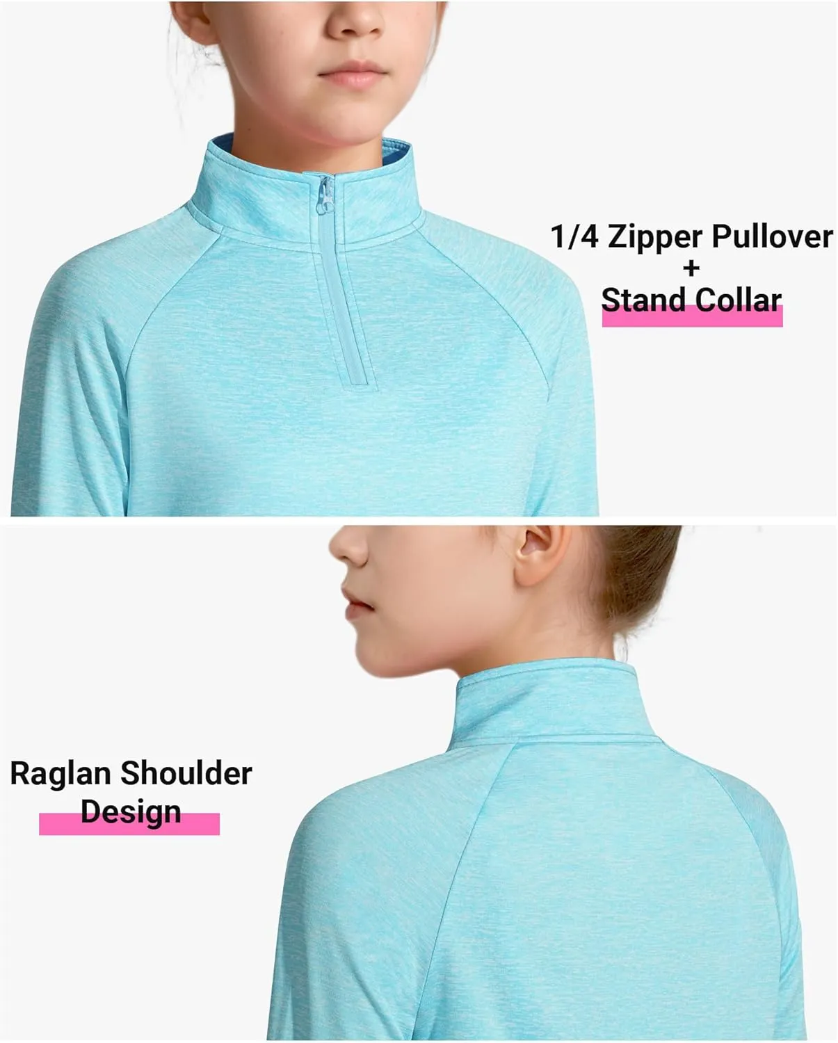 Girls Long Sleeve Shirts Quick Dry Athletic Tops Quarter Zip Pullover Kids Teens Sportswear for Golf Yoga Tennis 5-14 Years