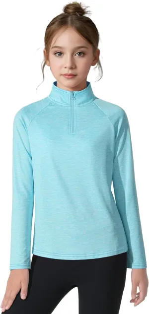 Girls Long Sleeve Shirts Quick Dry Athletic Tops Quarter Zip Pullover Kids Teens Sportswear for Golf Yoga Tennis 5-14 Years