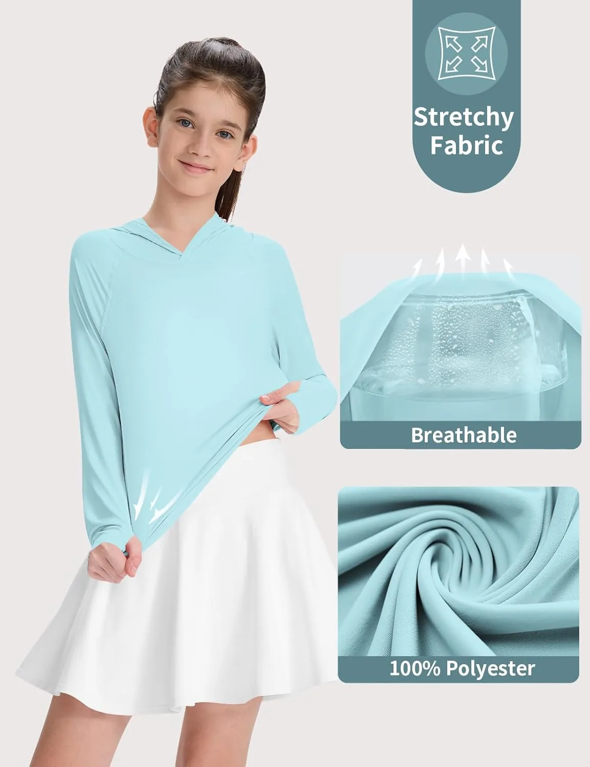 Girl's Rash Guard Swim Shirts Sun Shirt Hoodie UV Protection Long Sleeve Tops Quick Dry Lightweight UPF 50 