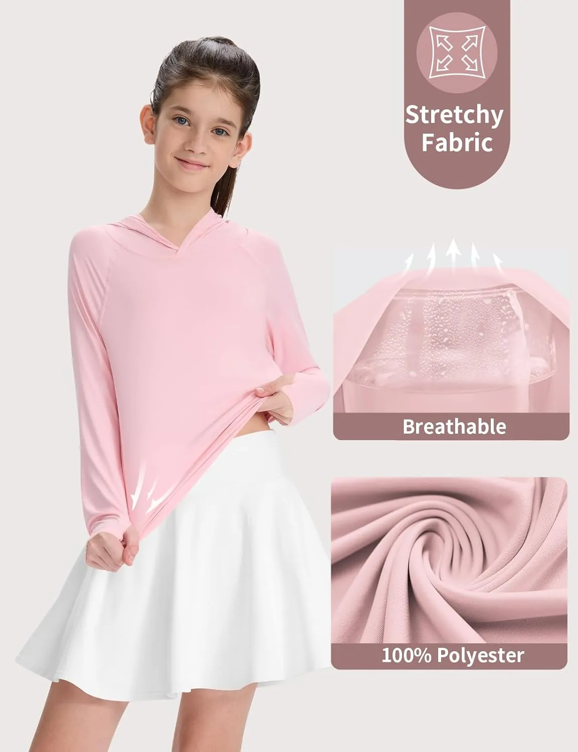 Girl's Rash Guard Swim Shirts Sun Shirt Hoodie UV Protection Long Sleeve Tops Quick Dry Lightweight UPF 50 