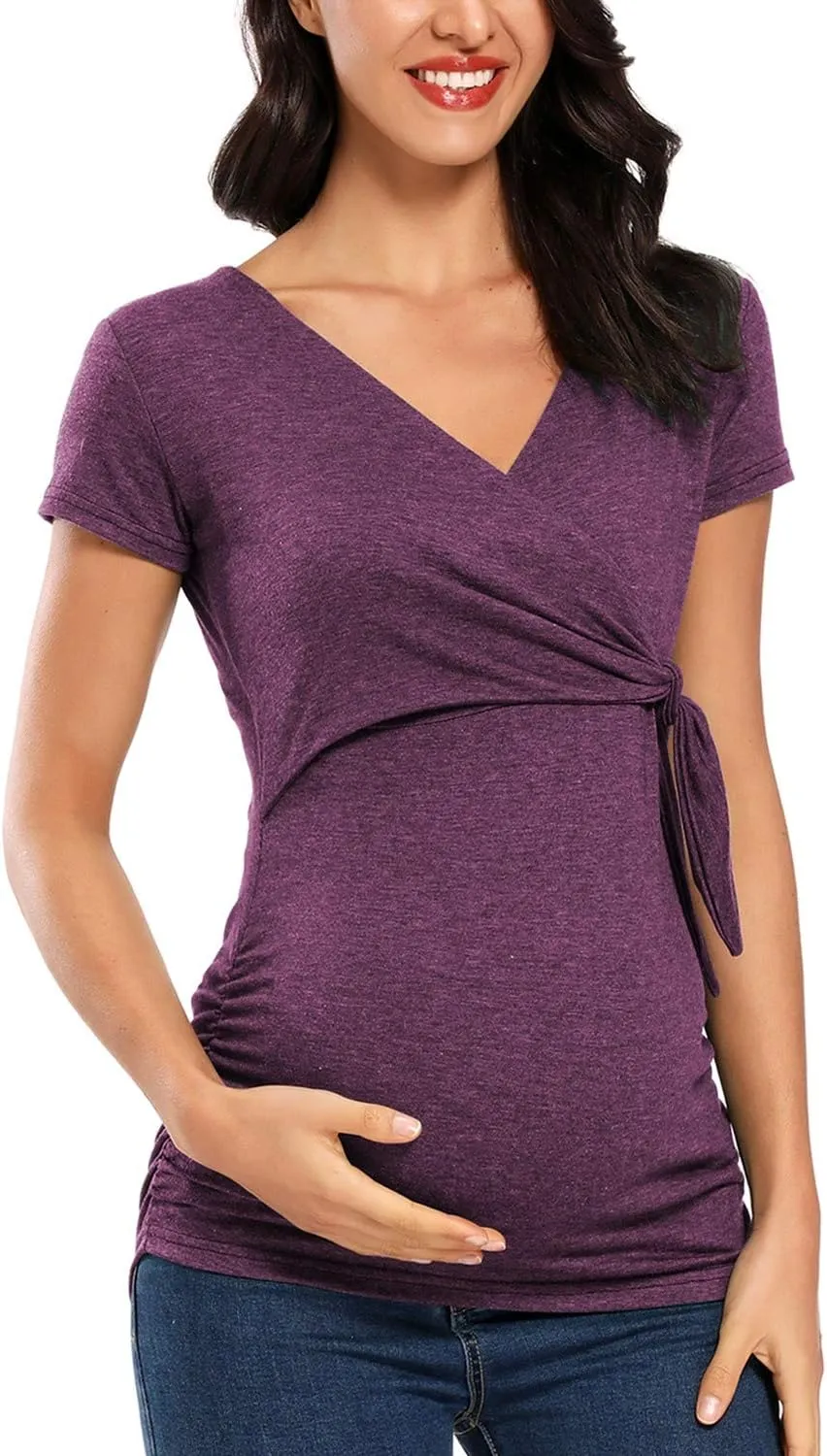Glampunch Women's Maternity Shirts Short & Long Sleeve Tie Front Wrap Maternity Tops