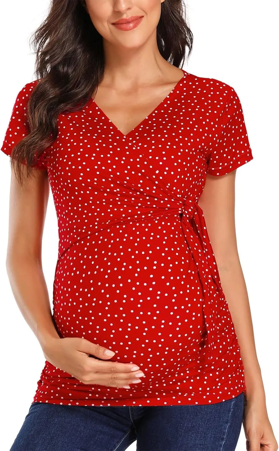 Glampunch Women's Maternity Shirts Short & Long Sleeve Tie Front Wrap Maternity Tops